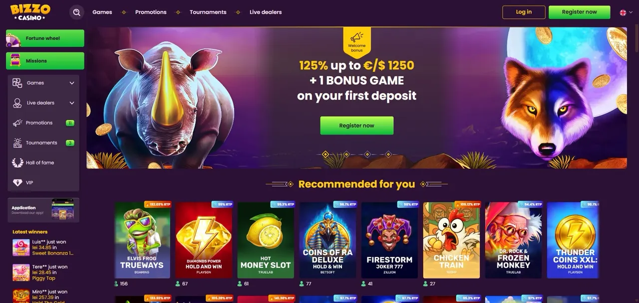 Bizzo Casino lobby showing the Log in and Register now buttons in the top-right corner