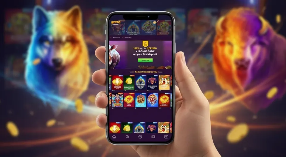 Bizzo Casino mobile site open on a smartphone after login, showing the lobby and welcome offer